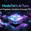 MediaTek's AI Turn: 3nm Flagships, Satellites & Google TPUs — illustrated with a glowing MediaTek chip on a futuristic circuit board