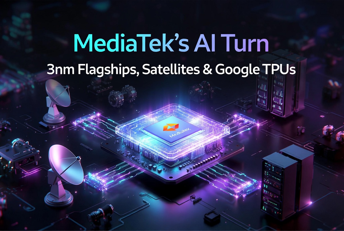 MediaTek's AI Turn: 3nm Flagships, Satellites & Google TPUs — illustrated with a glowing MediaTek chip on a futuristic circuit board