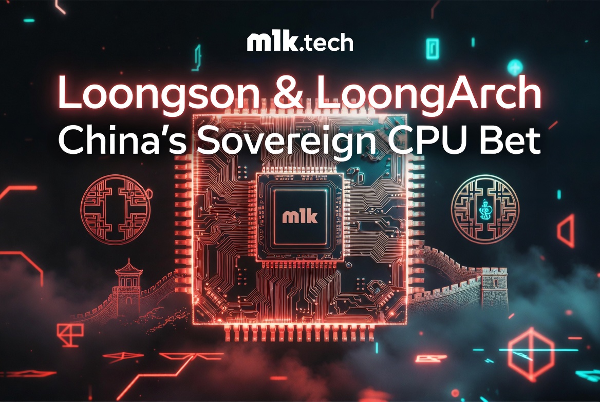 Loongson & LoongArch: China's Sovereign CPU Bet — mlk.tech article cover with a glowing CPU chip and Great Wall backdrop