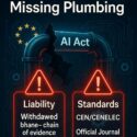 Infographic titled The AI Act's Missing Plumbing, showing two warning signs for Liability Withdrawn and Standards Delayed under a broken AI Act pipe