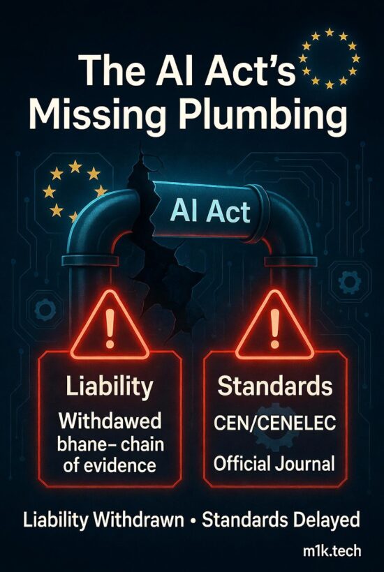 Infographic titled The AI Act's Missing Plumbing, showing two warning signs for Liability Withdrawn and Standards Delayed under a broken AI Act pipe