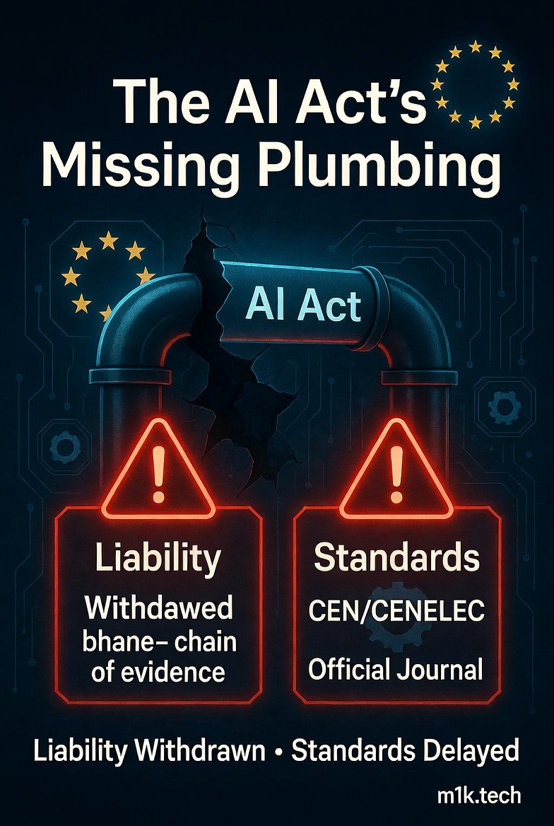 Infographic titled The AI Act's Missing Plumbing, showing two warning signs for Liability Withdrawn and Standards Delayed under a broken AI Act pipe