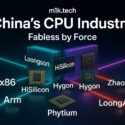 Infographic titled China's CPU Industry: Fabless by Force, showing chip brands Loongson, HiSilicon, Hygon, Zhaoxin, and Phytium across x86, Arm, and LoongArch architectures