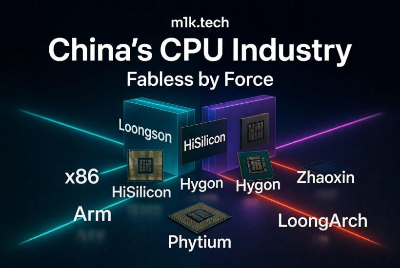 Infographic titled China's CPU Industry: Fabless by Force, showing chip brands Loongson, HiSilicon, Hygon, Zhaoxin, and Phytium across x86, Arm, and LoongArch architectures