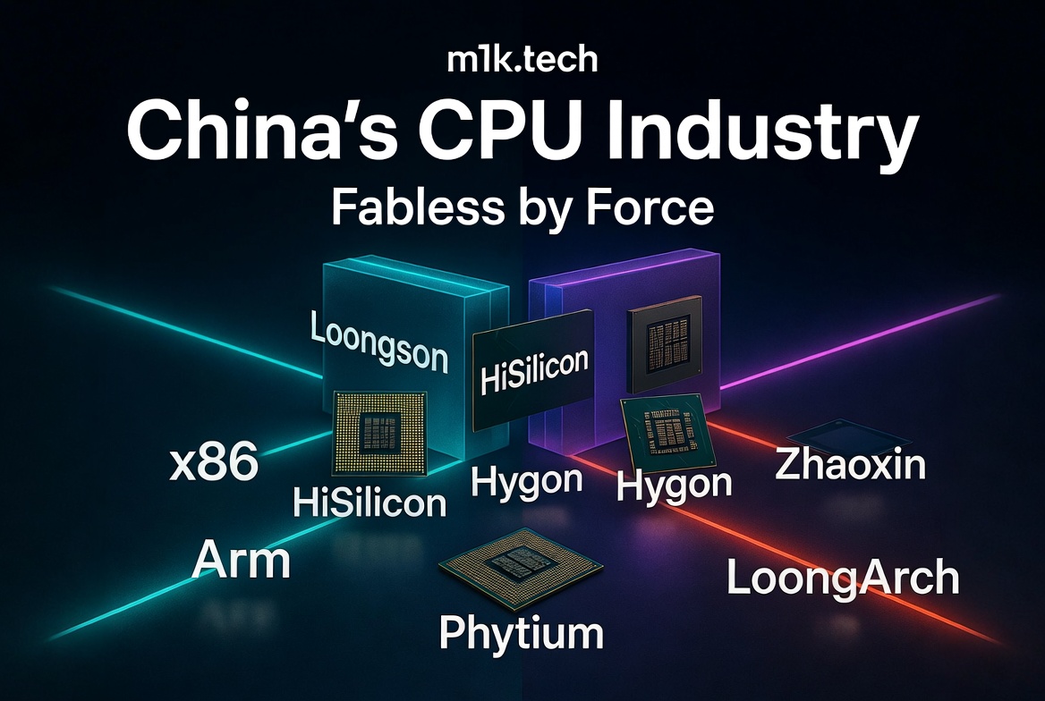 Infographic titled China's CPU Industry: Fabless by Force, showing chip brands Loongson, HiSilicon, Hygon, Zhaoxin, and Phytium across x86, Arm, and LoongArch architectures