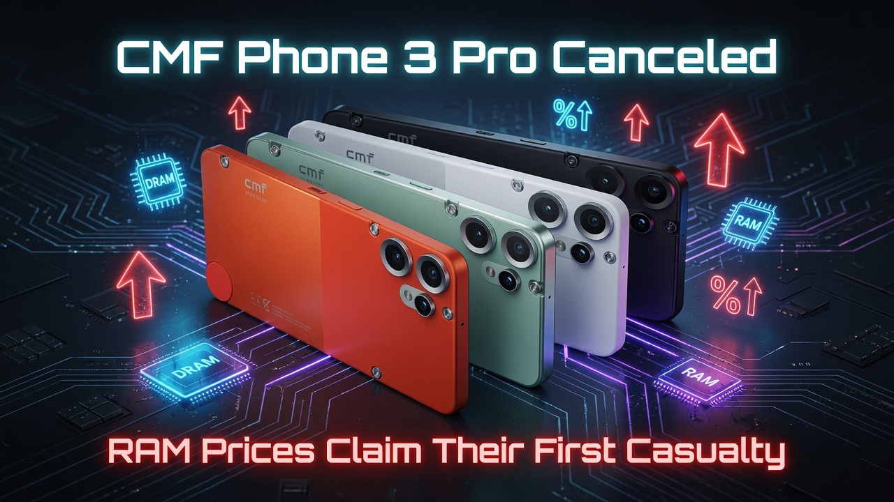 CMF Phone 3 Pro Canceled — RAM Prices Claim Their First Casualty, shown with four CMF phones in orange, green, silver, and black