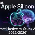 Apple Silicon: Great Hardware, Stuck AI (2022–2026) — m1k.tech article cover with circuit-board Apple logo and glowing AI brain graphic