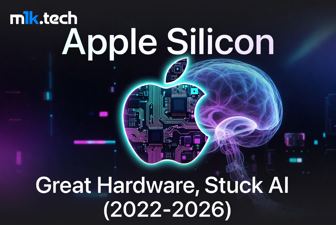 Apple Silicon: Great Hardware, Stuck AI (2022–2026) — m1k.tech article cover with circuit-board Apple logo and glowing AI brain graphic