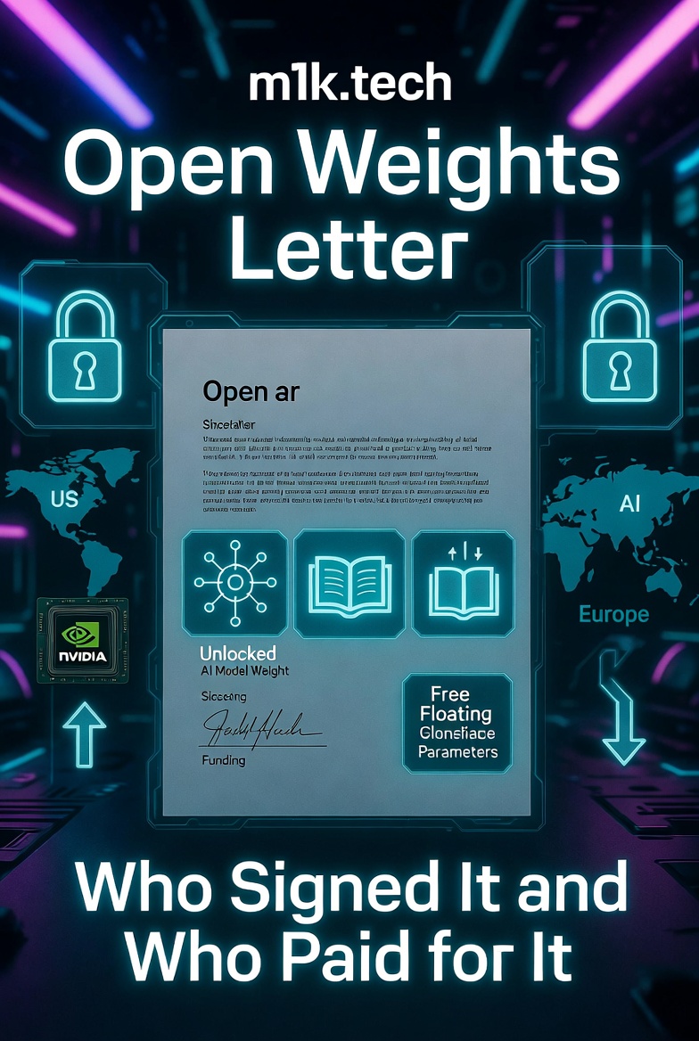 m1k.tech Open Weights Letter — Who Signed It and Who Paid for It, featuring a stylized document with AI and lock icons