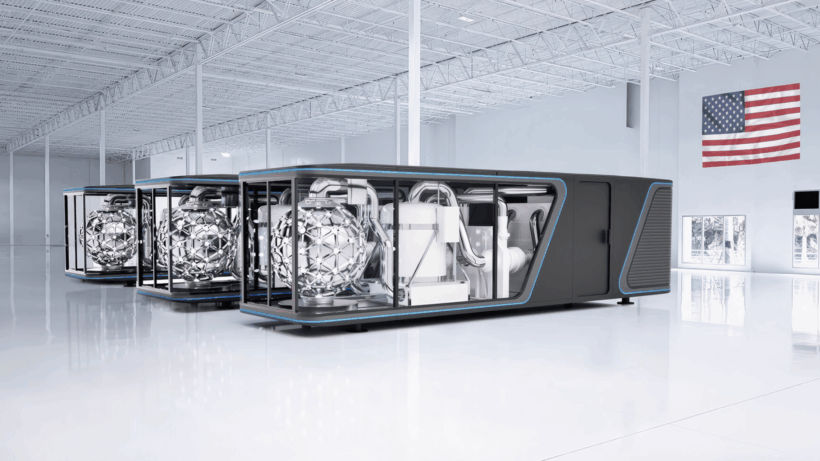 Rendering of AMPERA modular reactor units in a facility, each showing a spherical lattice core inside a compact black enclosure with blue trim