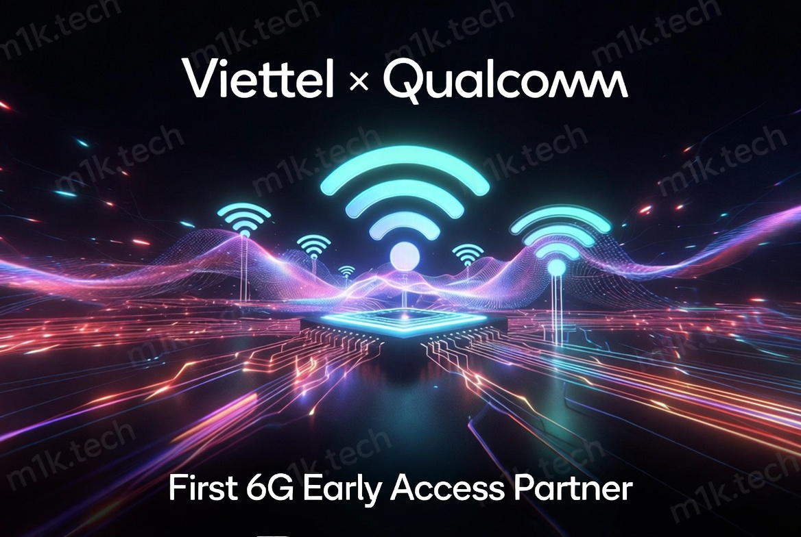 Viettel × Qualcomm — First 6G Early Access Partner, shown over a futuristic digital network visualization with glowing wireless signals