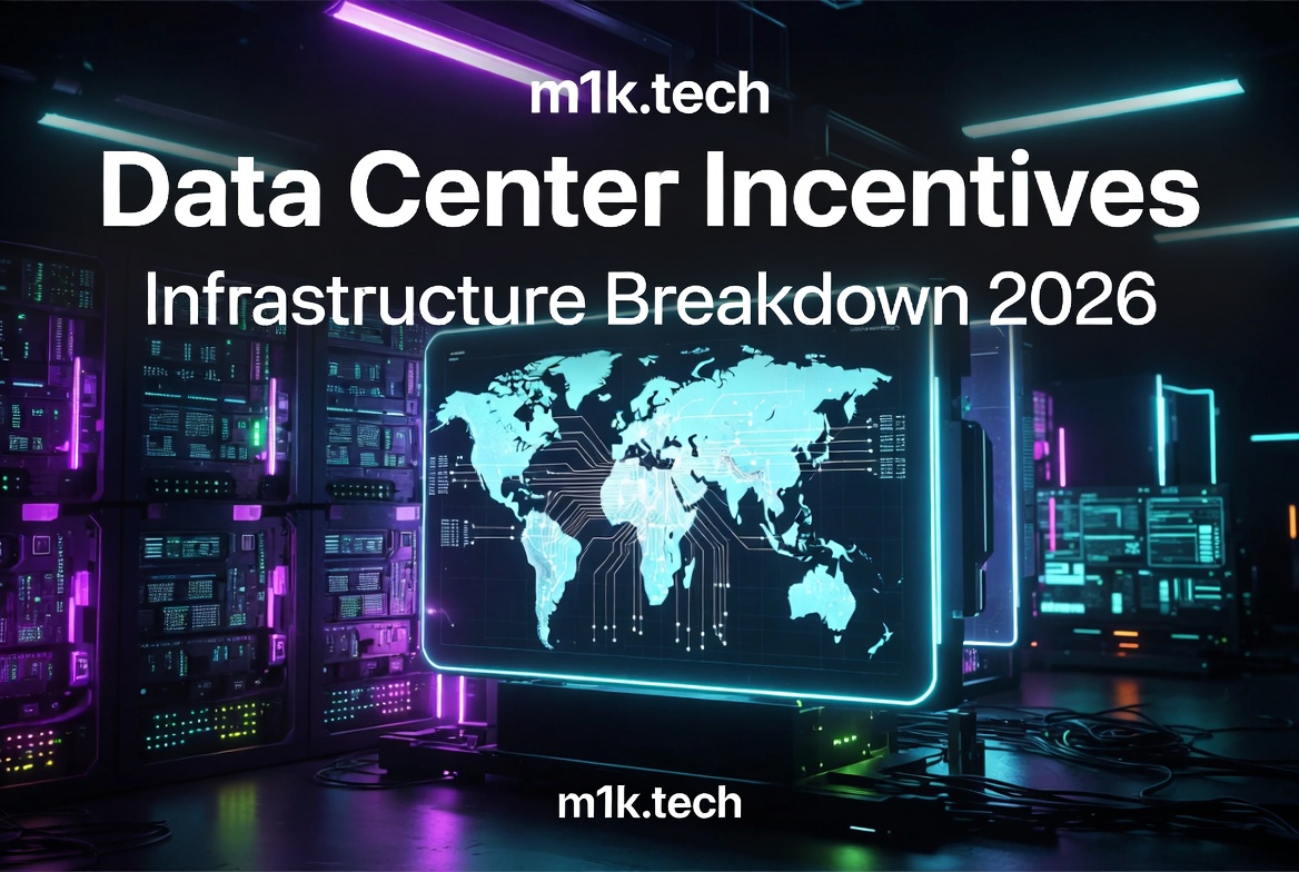 m1k.tech Data Center Incentives: Infrastructure Breakdown 2026, featuring a glowing world map on a screen surrounded by server racks
