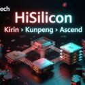 HiSilicon chip families: Kirin, Kunpeng, and Ascend, shown with interconnected processors on a circuit board