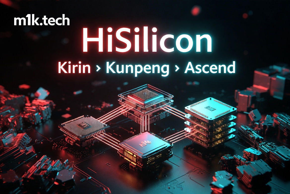 HiSilicon chip families: Kirin, Kunpeng, and Ascend, shown with interconnected processors on a circuit board