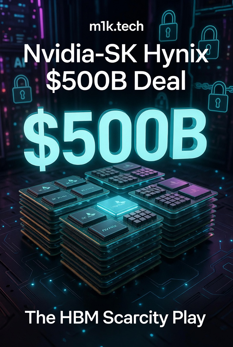 Nvidia-SK Hynix $500B Deal — The HBM Scarcity Play, featuring stacked AI memory chips, from m1k.tech