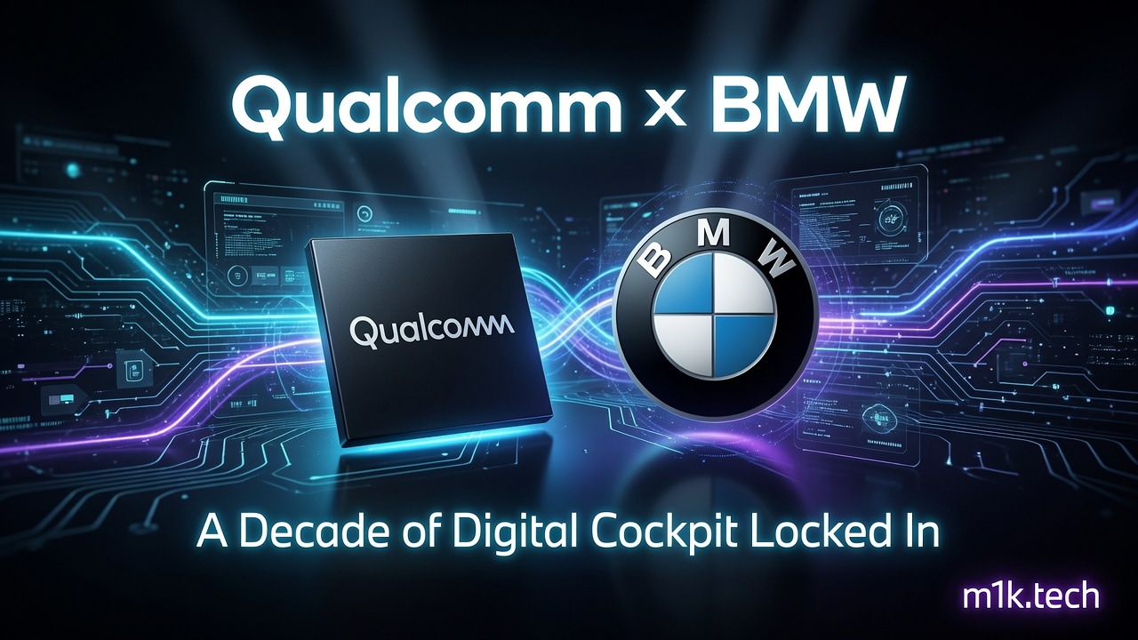 Qualcomm x BMW: A Decade of Digital Cockpit Locked In — Qualcomm chip and BMW logo against a futuristic tech background