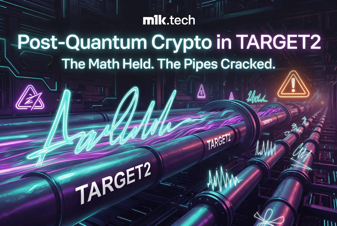 Post-Quantum Crypto in TARGET2: The Math Held. The Pipes Cracked. — m1k.tech article cover showing labeled TARGET2 pipes with neon warning signs
