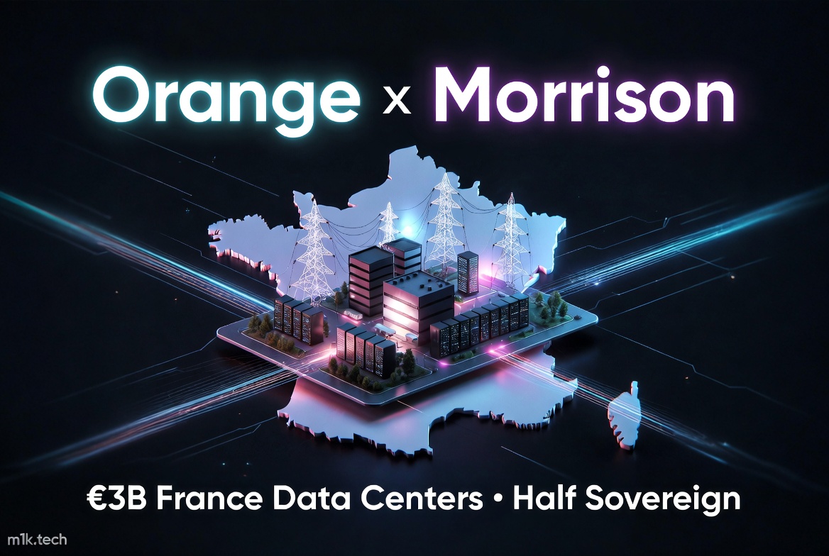 Orange x Morrison partnership announcement: €3B France Data Centers, Half Sovereign, shown over a 3D map of France with data center buildings and power towers
