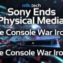 Sony Ends Physical Media: The Console War Irony — m1k.tech article header featuring a PS5 console with a disintegrating disc
