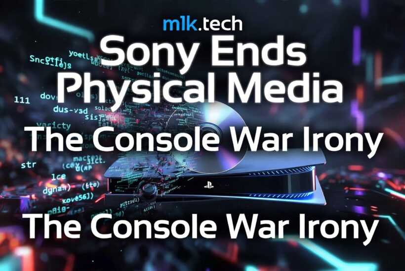 Sony Ends Physical Media: The Console War Irony — m1k.tech article header featuring a PS5 console with a disintegrating disc