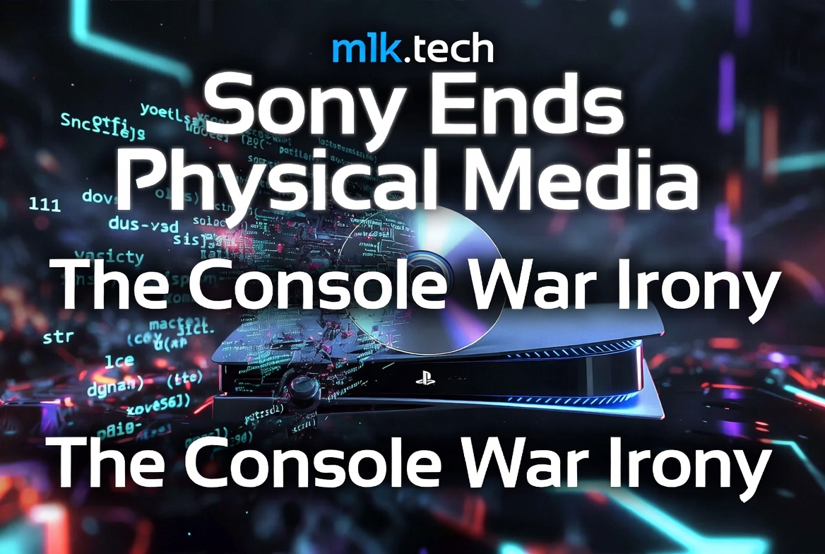 Sony Ends Physical Media: The Console War Irony — m1k.tech article header featuring a PS5 console with a disintegrating disc