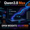 Infographic: Alibaba's Qwen3.8 Max, a 27B-parameter open-weight AI model, runs on-device via NPU at ~148 tokens/sec, Apache 2.0 licensed, contrasted with Meta's closed-weight Llama
