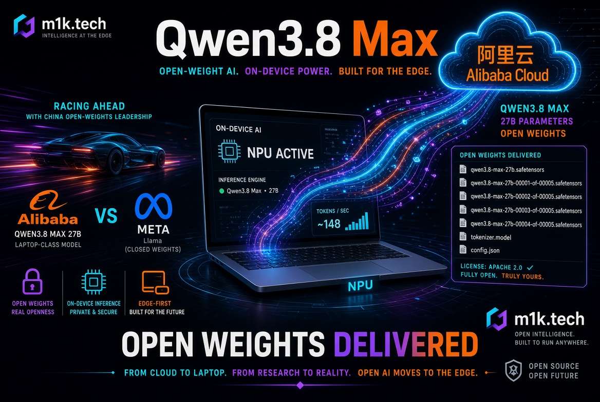 Infographic: Alibaba's Qwen3.8 Max, a 27B-parameter open-weight AI model, runs on-device via NPU at ~148 tokens/sec, Apache 2.0 licensed, contrasted with Meta's closed-weight Llama