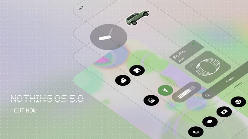Promotional graphic showing the redesigned Nothing OS 5.0 home screen with frosted widgets, wallpaper-tinted icons, and the Away Time widget, labeled