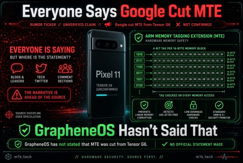 Infographic debunking unverified rumor that Google cut ARM MTE from Tensor G6 in Pixel 11; explains MTE's memory tagging function and notes GrapheneOS made no official statement confirming the claim