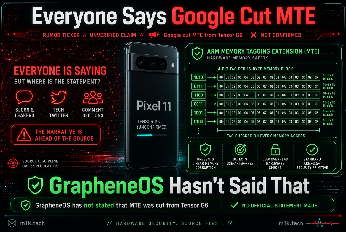 Infographic debunking unverified rumor that Google cut ARM MTE from Tensor G6 in Pixel 11; explains MTE's memory tagging function and notes GrapheneOS made no official statement confirming the claim