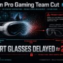 Infographic: Vision Pro gaming team cut amid XR strategy contraction; Apple Smart Glasses delayed to 2027 over unresolved privacy and ecosystem risks. Timeline shows contraction phase 2024-2025, strategic pivot 2026, privacy-driven delay 2027. Tagline: Privacy first, trust always, ship when ready