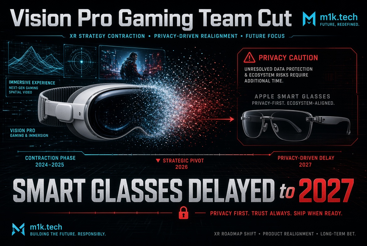 Infographic: Vision Pro gaming team cut amid XR strategy contraction; Apple Smart Glasses delayed to 2027 over unresolved privacy and ecosystem risks. Timeline shows contraction phase 2024-2025, strategic pivot 2026, privacy-driven delay 2027. Tagline: Privacy first, trust always, ship when ready