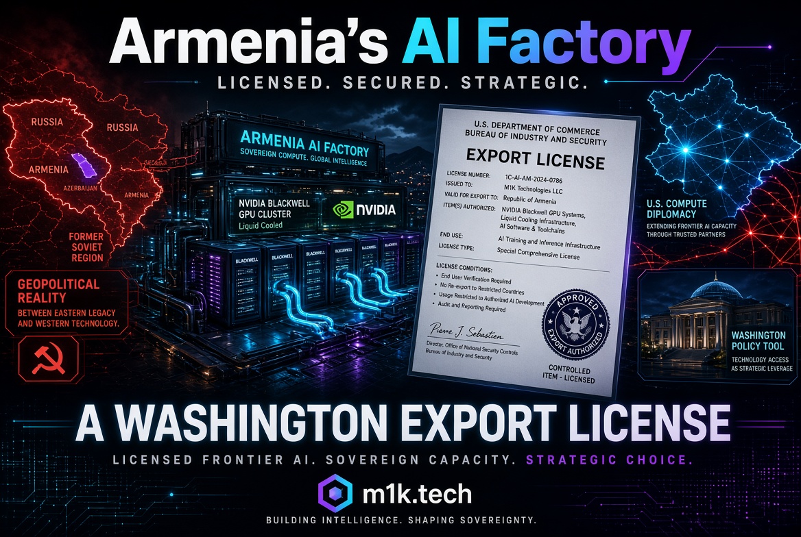Infographic on Armenia's AI Factory: US export license authorizes NVIDIA Blackwell GPU cluster for M1K Technologies, framed by regional geopolitical map and Washington policy building, with tagline "Licensed Frontier AI. Sovereign Capacity. Strategic Choice