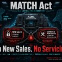 Infographic on the MATCH Act: U.S. export controls chain an ASML DUV lithography system, blocking new sales and servicing to China, with Dutch export license alignment; text reads "No New Sales. No Servicing