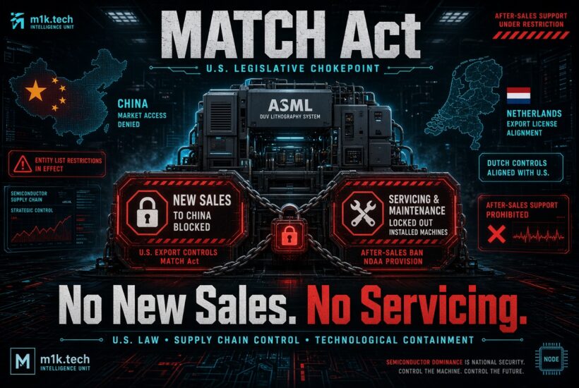 Infographic on the MATCH Act: U.S. export controls chain an ASML DUV lithography system, blocking new sales and servicing to China, with Dutch export license alignment; text reads "No New Sales. No Servicing
