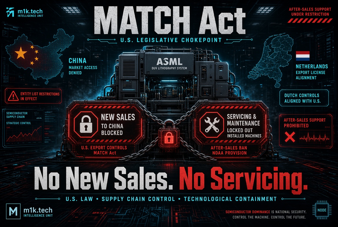 Infographic on the MATCH Act: U.S. export controls chain an ASML DUV lithography system, blocking new sales and servicing to China, with Dutch export license alignment; text reads "No New Sales. No Servicing