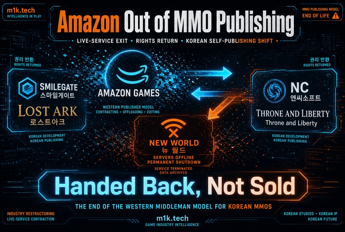 Infographic: Amazon exits MMO publishing, returning Lost Ark rights to Smilegate and Throne and Liberty rights to NC, while New World shuts down servers permanently. Titled "Handed Back, Not Sold," it marks the end of the Western middleman model for Korean MMOs amid industry restructuring
