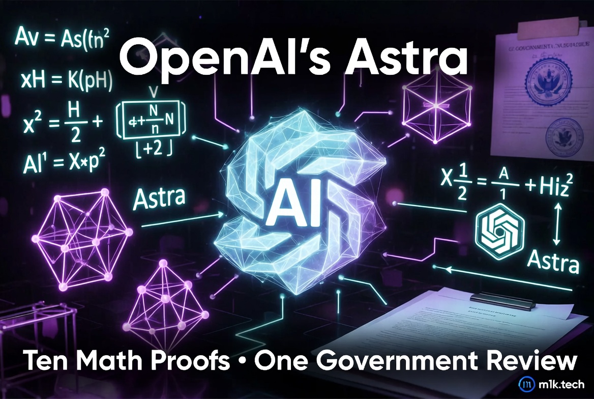 OpenAI's Astra: Ten Math Proofs • One Government Review — article cover with glowing AI logo and mathematical equations