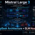 Diagram of Mistral Large 3: European AI platform using DeepSeek-inspired MHLA/MoE architecture, hosted on GLM-5.2 for sovereign, transparent AI infrastructure