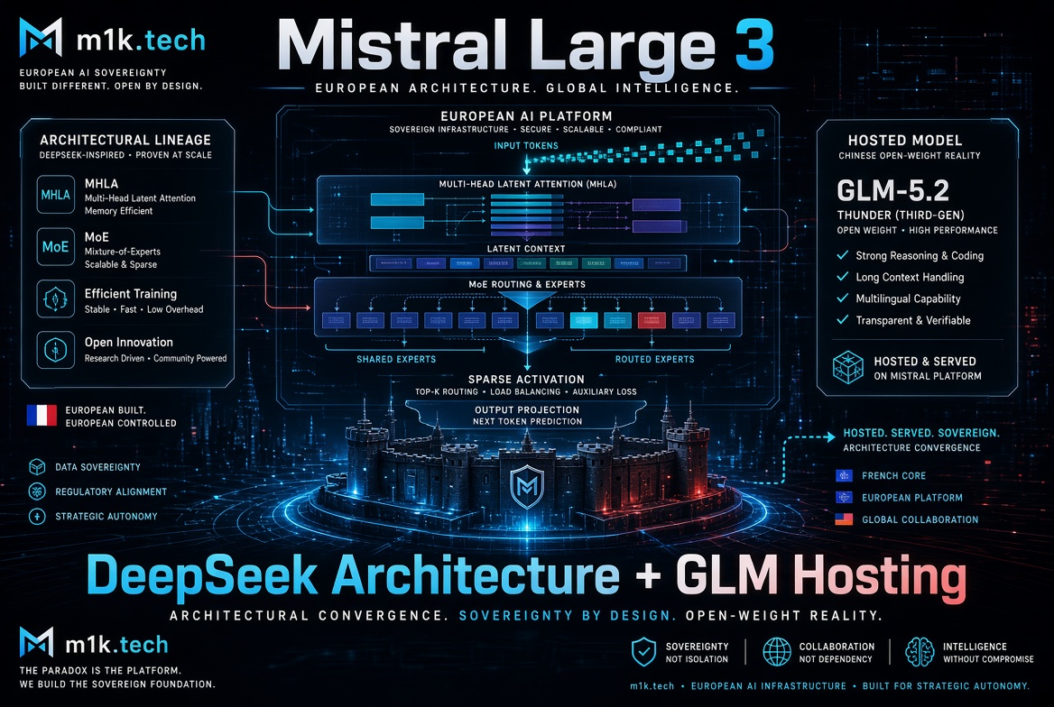 Diagram of Mistral Large 3: European AI platform using DeepSeek-inspired MHLA/MoE architecture, hosted on GLM-5.2 for sovereign, transparent AI infrastructure