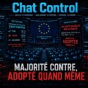 Infographic on EU Chat Control vote: 67.9% voted against, majority threshold unmet, yet procedure adopted anyway; includes surveillance stats and mock private message scans