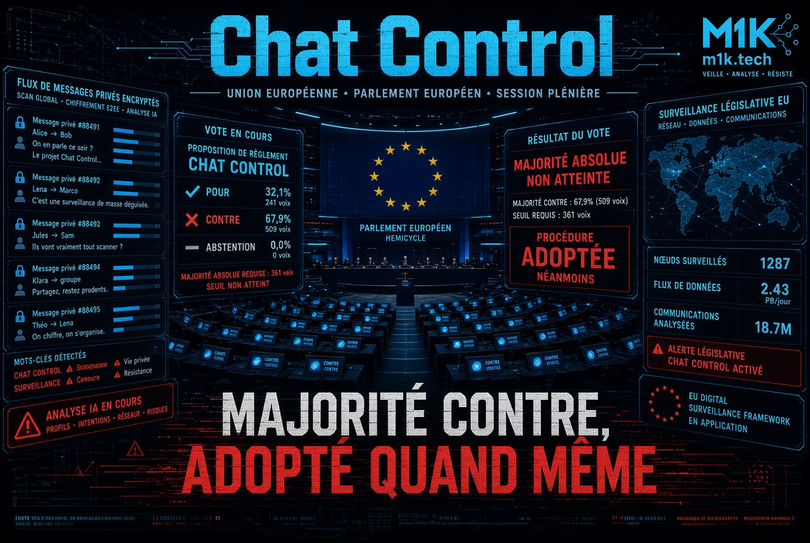 Infographic on EU Chat Control vote: 67.9% voted against, majority threshold unmet, yet procedure adopted anyway; includes surveillance stats and mock private message scans