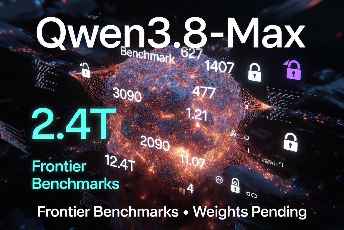 Qwen3.8-Max: 2.4T parameters, Frontier Benchmarks, Weights Pending — promotional graphic with neural network visual