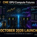 Infographic on CME GPU Compute Futures launching October 2026, showing GPU order book prices, H100/B200 rental index at $2.371/PFLOP-hr up 1.82%, market data feed, and GPU compute framed as a tradeable commodity like oil barrels, CFTC regulated