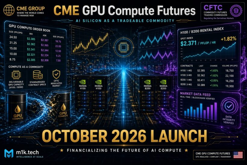 Infographic on CME GPU Compute Futures launching October 2026, showing GPU order book prices, H100/B200 rental index at $2.371/PFLOP-hr up 1.82%, market data feed, and GPU compute framed as a tradeable commodity like oil barrels, CFTC regulated