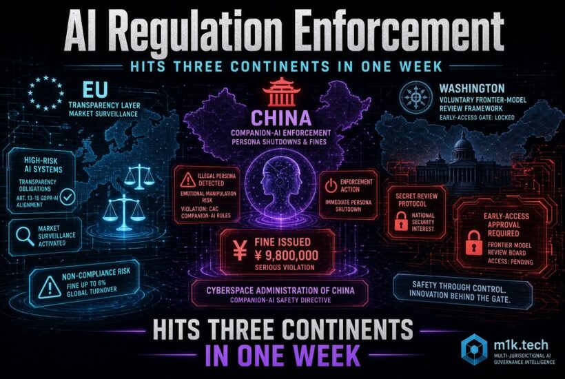 Infographic: AI Regulation Enforcement hits three continents in one week. EU: transparency layer, market surveillance, high-risk AI systems obligations (Art. 13-15 GDPR-AI), non-compliance fines up to 6% global turnover. China: Companion-AI enforcement, persona shutdowns, ¥9,800,000 fine for emotional manipulation violation of CAC rules. Washington: voluntary frontier-model review framework, early-access approval required, access pending