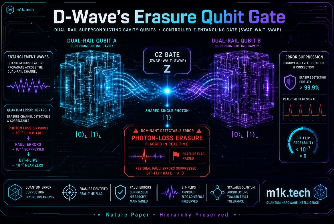 Infographic explaining D-Wave's Erasure Qubit Gate using dual-rail superconducting cavity qubits and a Controlled-Z entangling gate (SWAP-WAIT-SWAP). Shows two qubits connected by a shared single photon, with callouts for entanglement waves, quantum error hierarchy (photon loss ~10⁻², Pauli errors ~10⁻⁵, bit-flips ~10⁻⁷), dominant detectable error of photon-loss erasure flagged in real time, error suppression with erasure detection fidelity above 99.9%, and bit-flip probability below 10⁻⁷. Bottom icons summarize quantum error correction, real-time erasure identification, suppressed Pauli errors, near-zero bit-flips, and scalable fault-tolerant architecture. Published in association with a Nature paper by m1k.tech