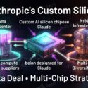 Infographic titled Anthropic's Custom Silicon showing a custom AI chip for Claude connecting a Volta data center and Nvidia infrastructure, highlighting a multi-chip diversification strategy with multiple compute suppliers