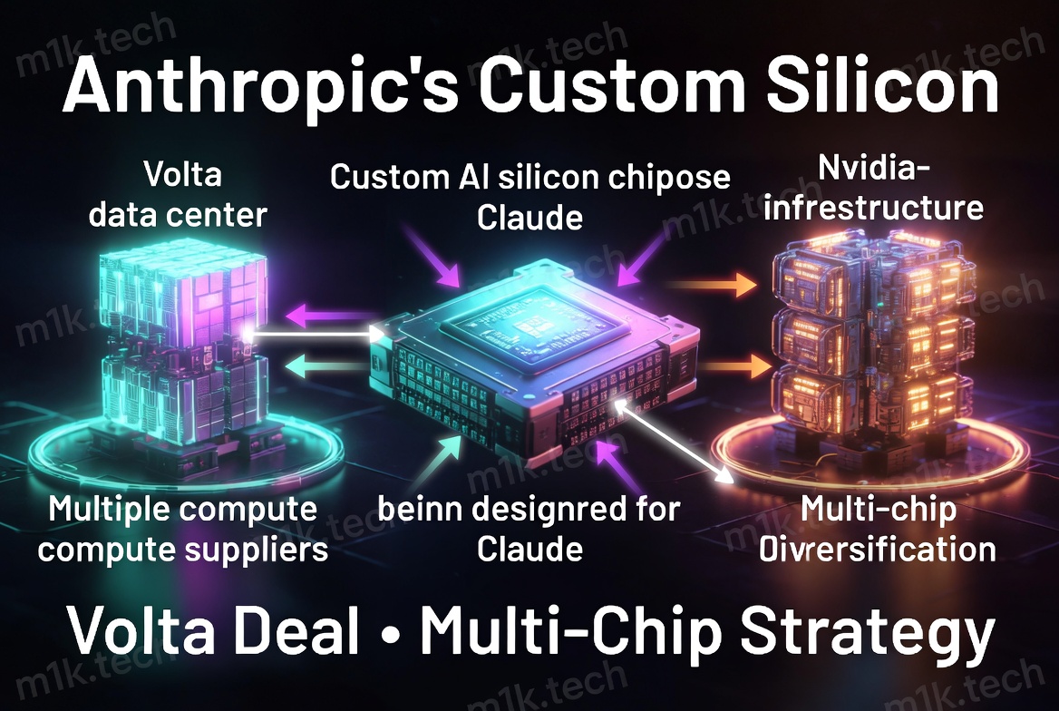 Infographic titled Anthropic's Custom Silicon showing a custom AI chip for Claude connecting a Volta data center and Nvidia infrastructure, highlighting a multi-chip diversification strategy with multiple compute suppliers