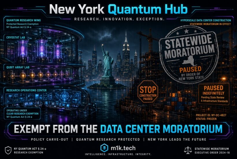Infographic titled New York Quantum Hub showing a quantum research facility with cryostat and qubit array labs exempt under NY Quantum Act § 24-a, beside a stalled hyperscale data center construction site under a statewide moratorium, illustrating that quantum research is protected while data center building is paused indefinitely pending state review